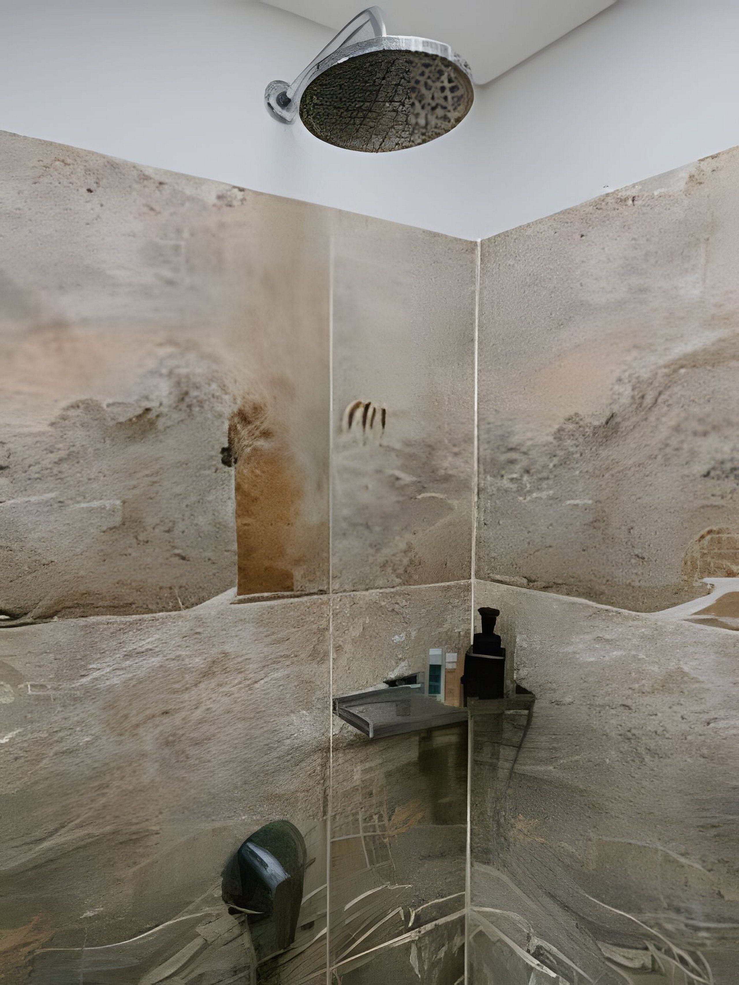 A modern bathroom with a glass shower enclosure, a built-in bench, and a towel rack.
