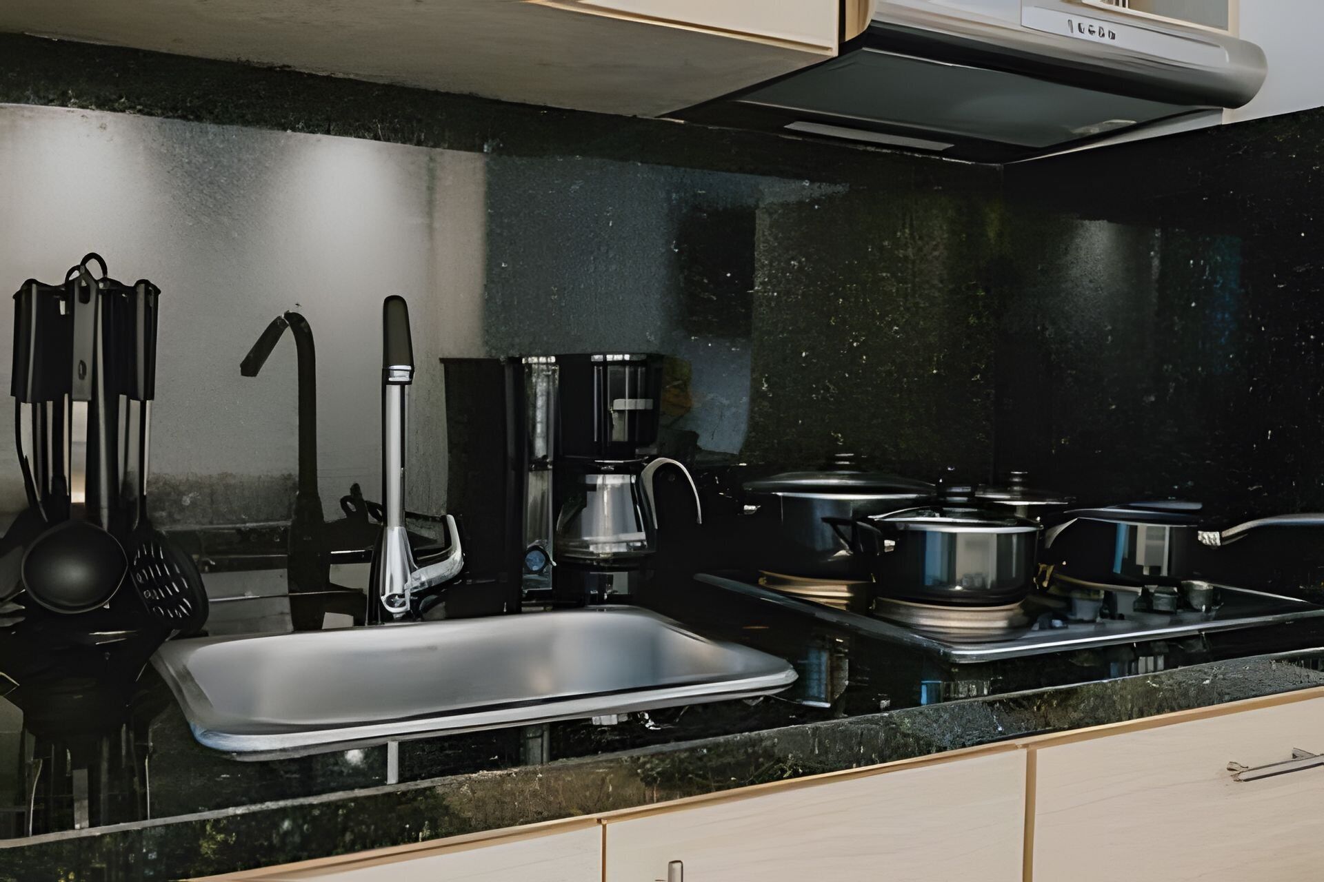 A modern kitchen with a stainless steel sink, black countertops, and a range hood.