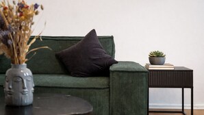 A green sofa with a dark cushion, a small table with a vase of dried flowers, and a side table with a plant and books.