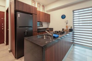 Fridge, stovetop, cookware/dishes/utensils