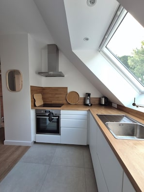 Fridge, microwave, oven, stovetop