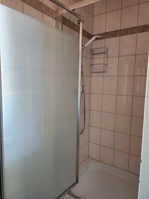 Shower, towels, soap, toilet paper