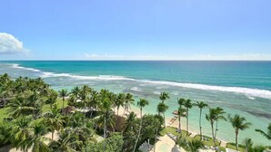 A tropical beach view with palm trees, a clear sky, and the ocean. - Caribbean Ocean View, 2BDRM Beachfront Apartment (Playa Juan Dolio)