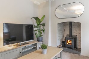 Un salon moderne avec un téléviseur à écran plat, une plante en pot, une table en bois et une cheminée en pierre équipée d’un poêle à bois.