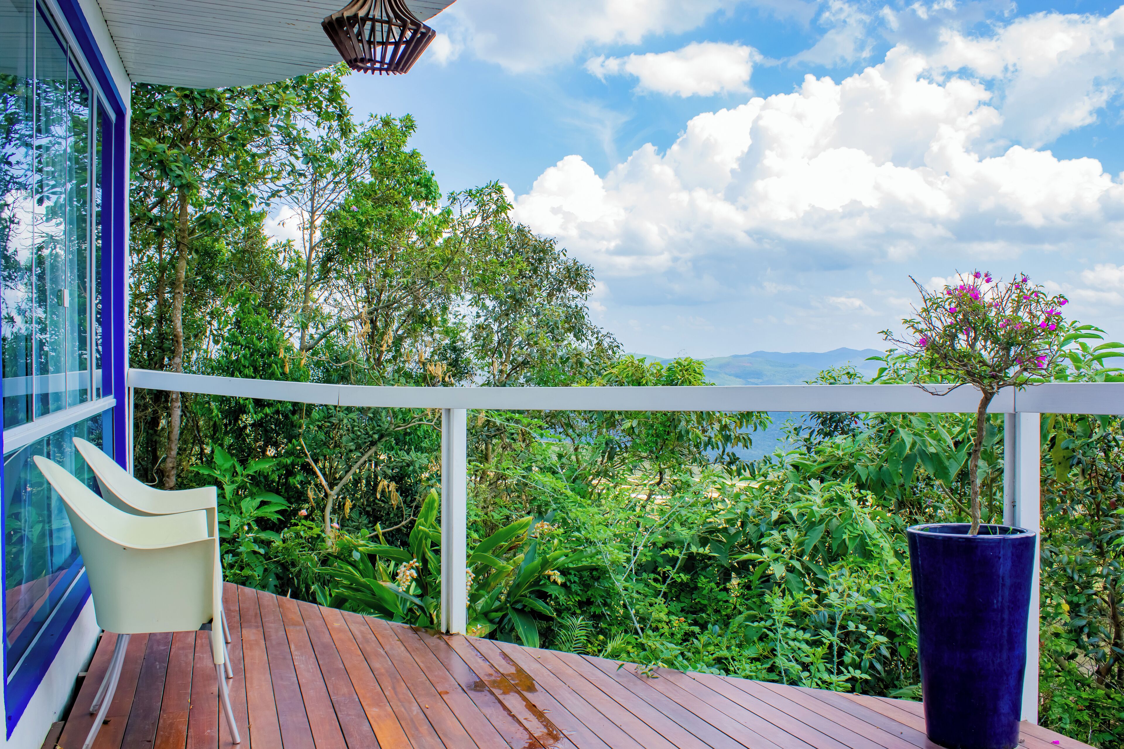 A wooden deck with a white railing, overlooking lush greenery and a body of water.