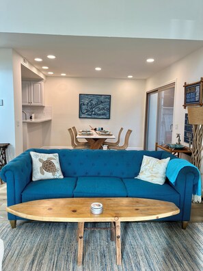 Smart TV, fireplace, books, stereo