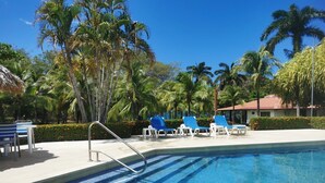 A swimming pool with blue tiles, surrounded by palm trees and blue lounge chairs. - Villas Estival Playa Prieta (Tempate)