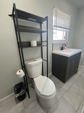 Shower, bidet, towels, soap