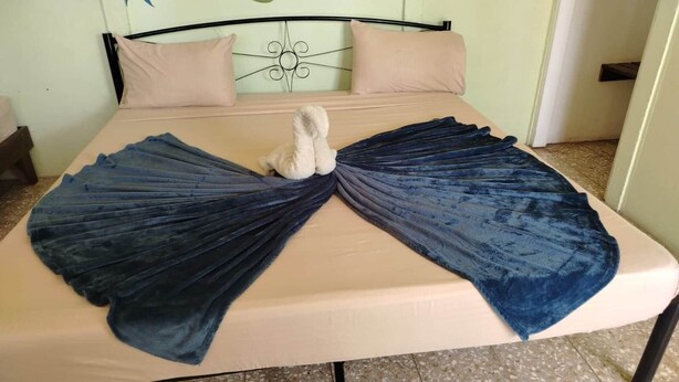 Una cama con colchón color beige, cabecera de metal negro y dos almohadas.