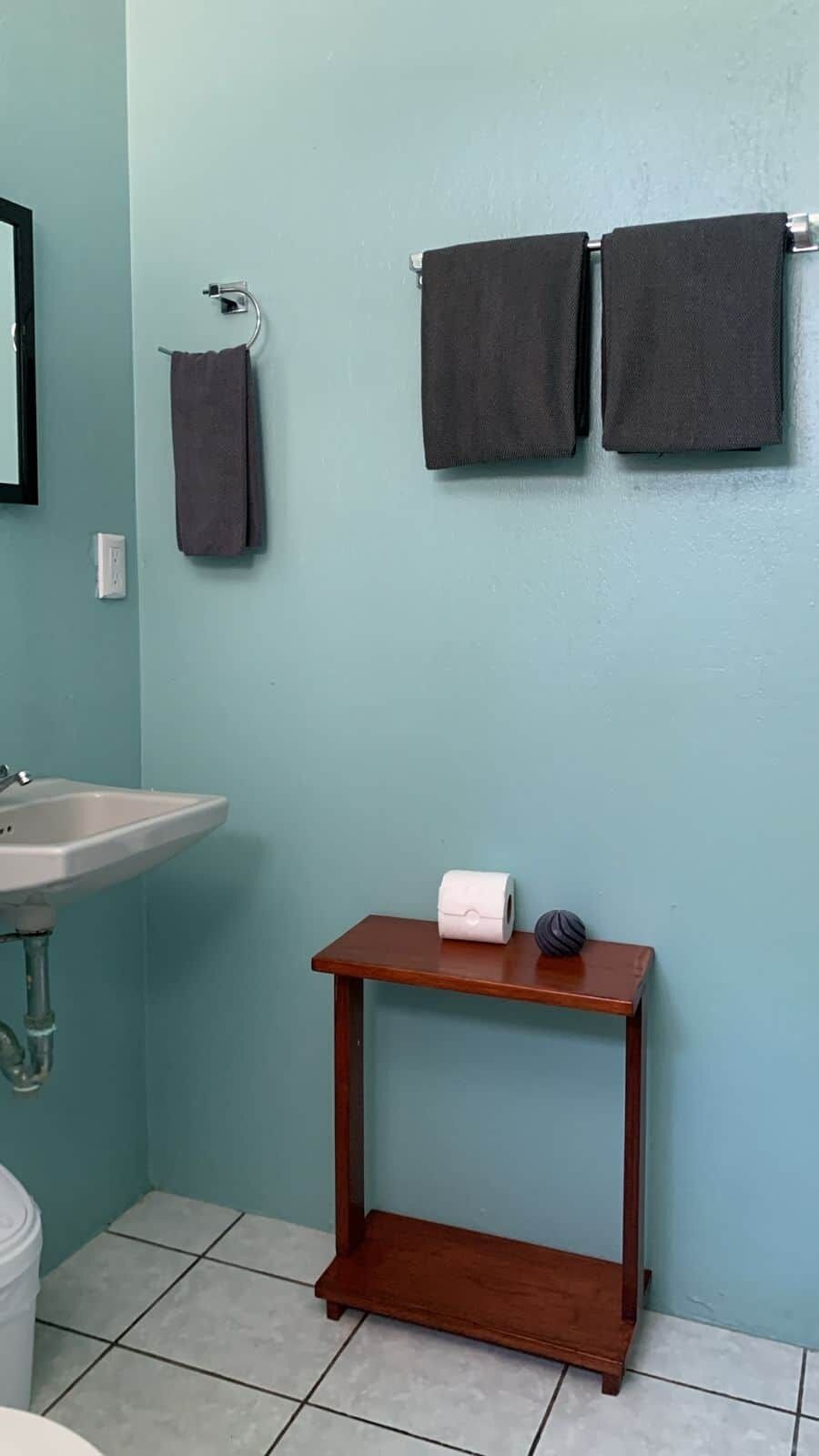 Hair dryer, towels, soap, shampoo