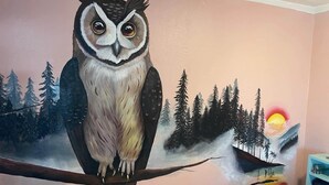 Un mur orné d’une fresque représentant un hibou perché sur une branche, une scène de forêt et un coucher de soleil sur une plage.
