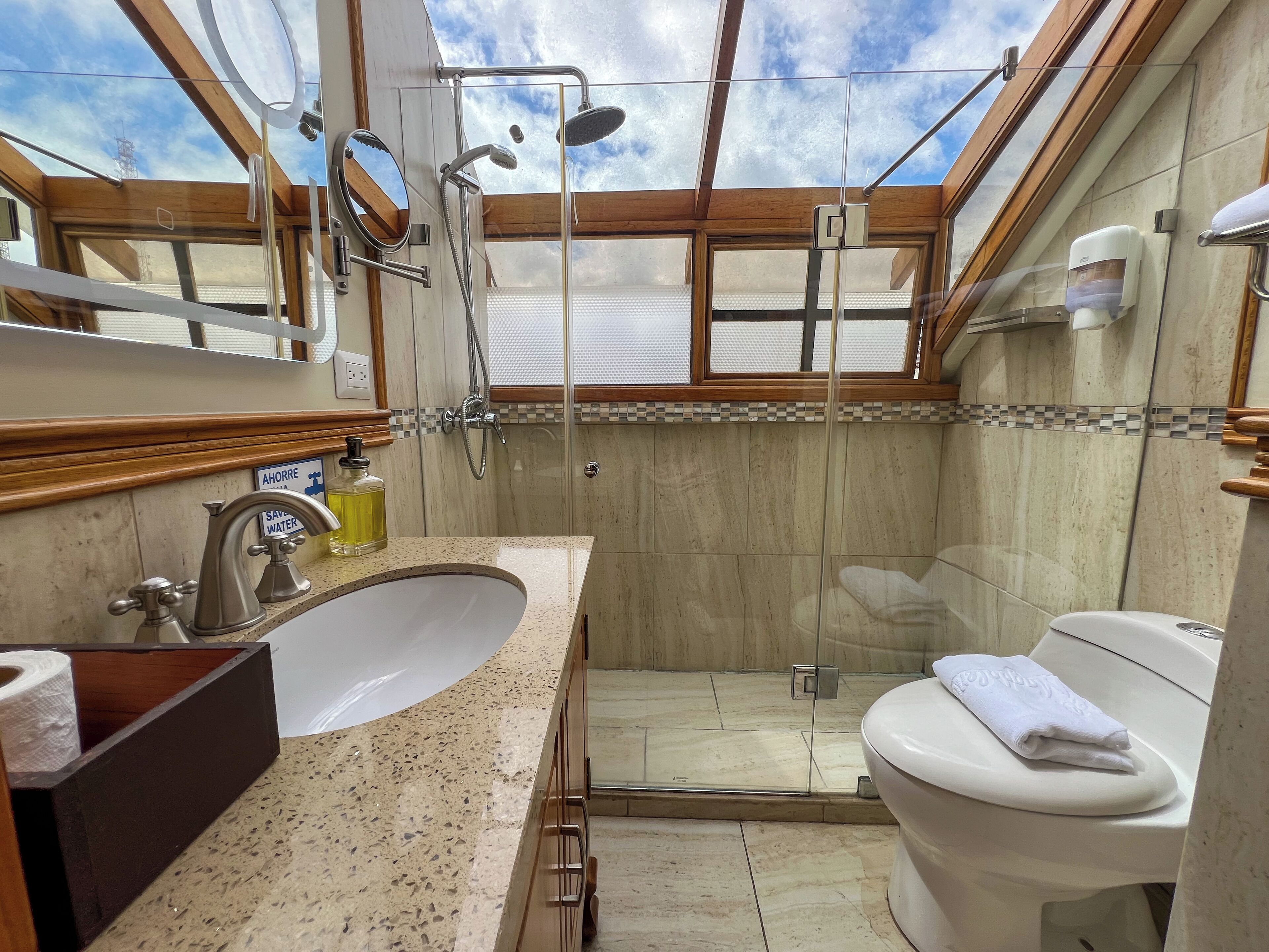 A bathroom with a large sink, a toilet, and a glass-enclosed shower.