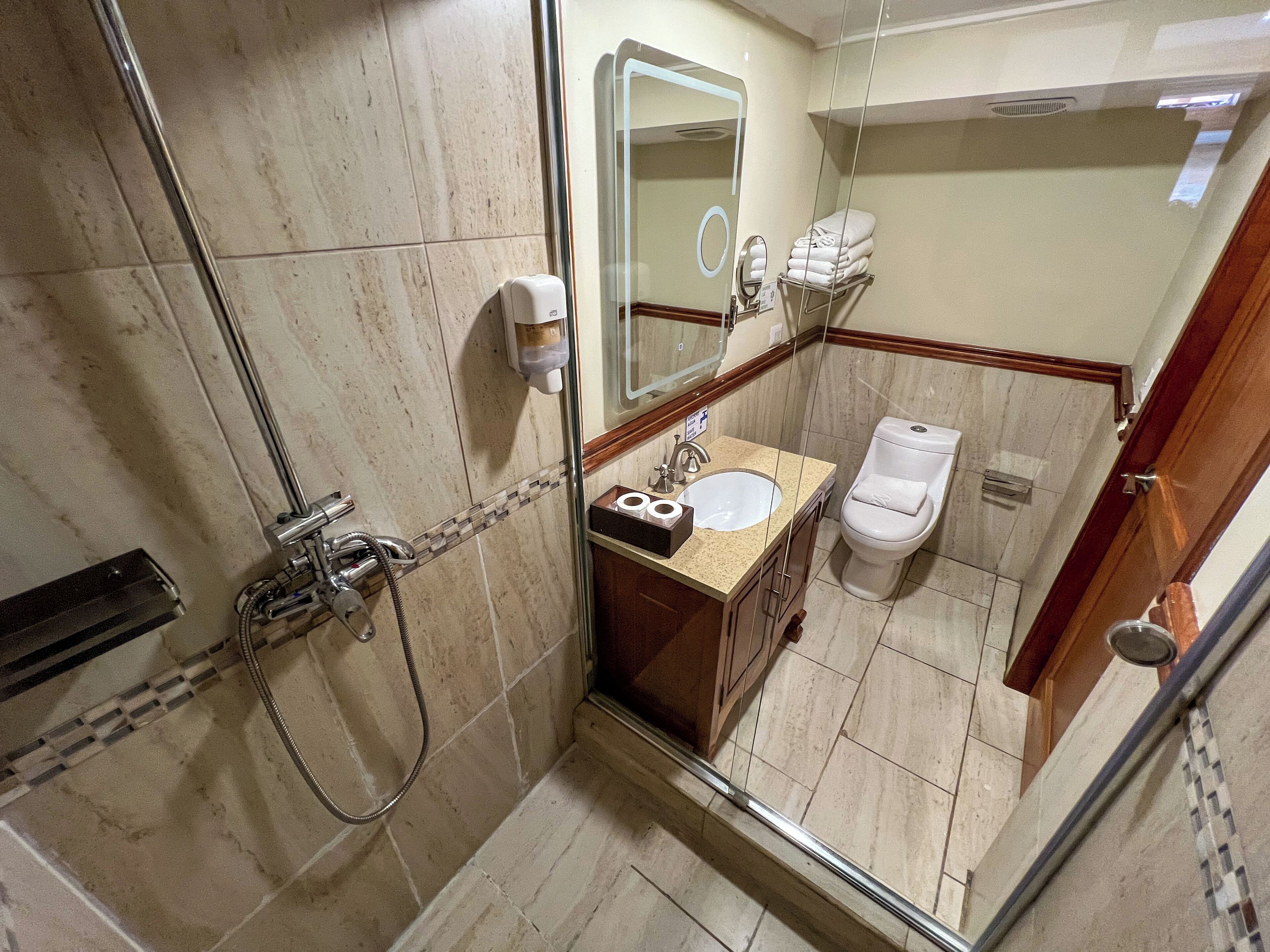 A bathroom with a glass shower enclosure, a sink with toiletries, and a toilet.