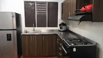 Fridge, oven, stovetop, cookware/dishes/utensils