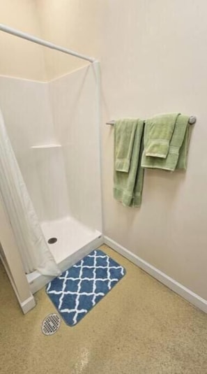 Shower, towels, toilet paper