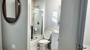 Hair dryer, towels, soap, shampoo