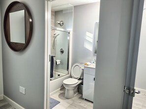 Hair dryer, towels, soap, shampoo
