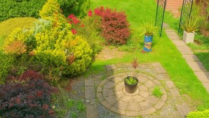 Un jardín con un sendero de piedra circular, diversos arbustos y plantas en macetas.