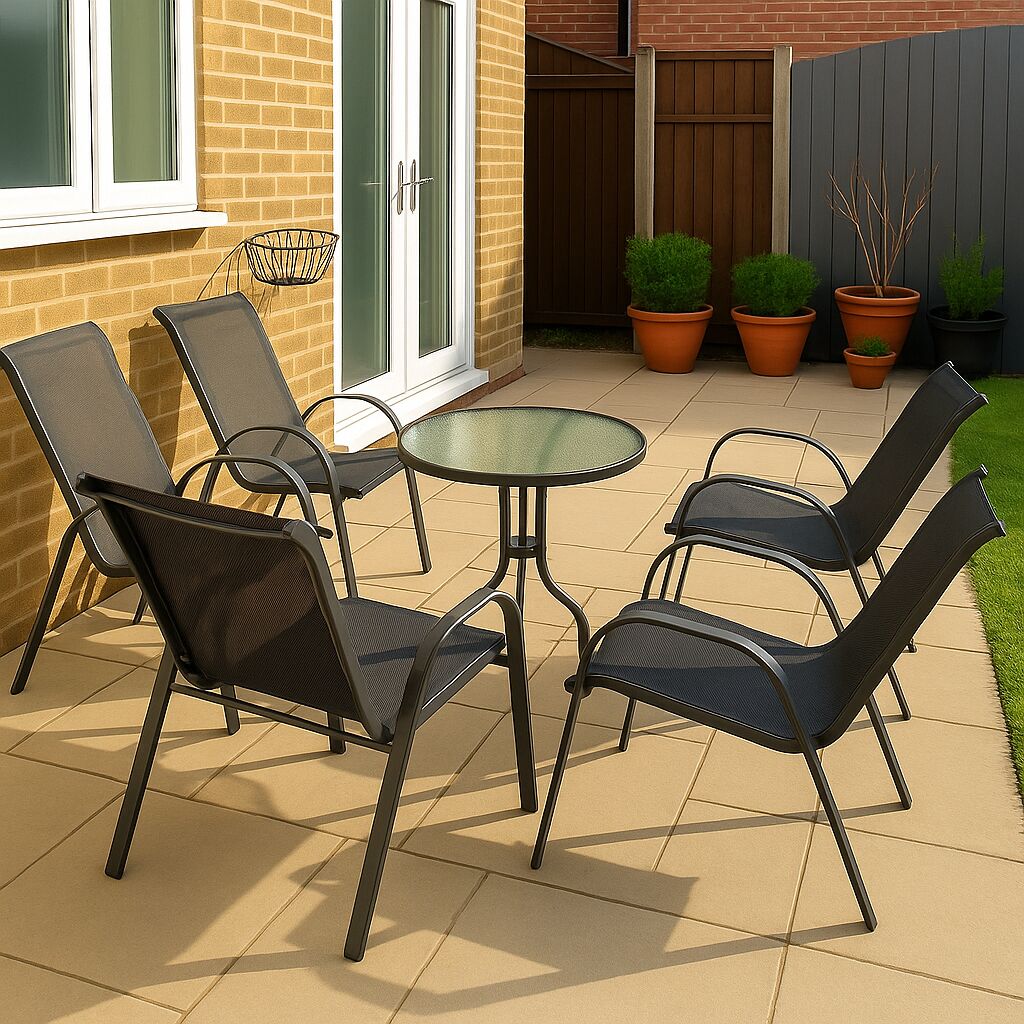 Une terrasse extérieure avec une table ronde en verre et quatre chaises, un mur en briques, une clôture en bois et des plantes en pot.