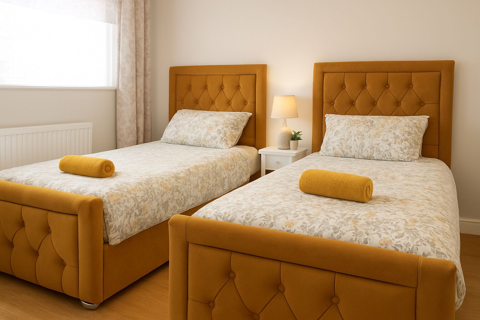 Dos camas individuales con cabeceras y pies de cama iguales, cada una con una toalla enrollada y una mesita de noche con una lámpara y una planta pequeña.