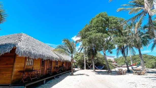 A beachside resort with wooden cabins, palm trees, and a clear blue sky. - Atins Beach House (Barreirinhas)