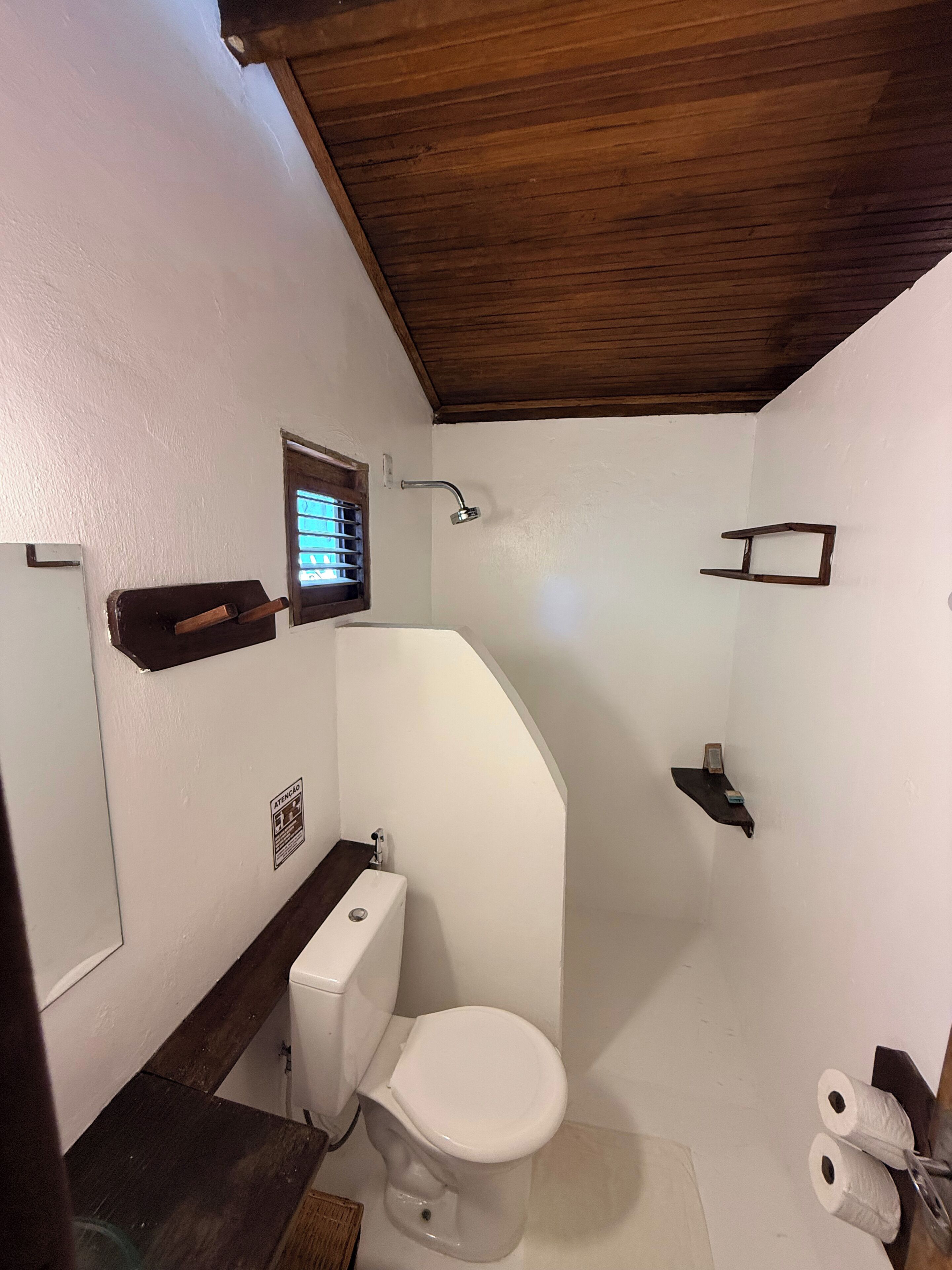 A small bathroom with a toilet, a shower, and a wooden shelf.