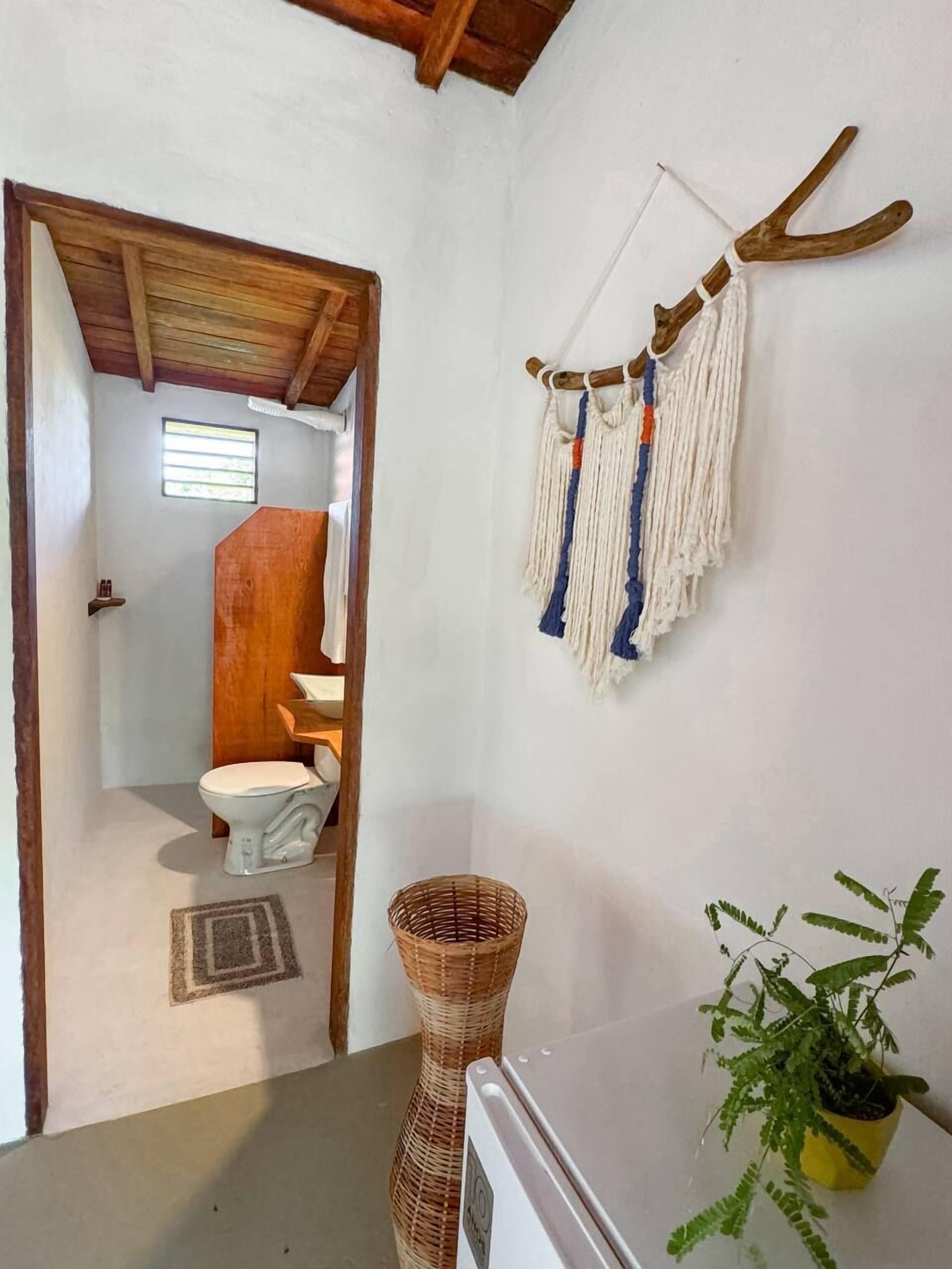 A bathroom with a wooden door, a white toilet, a woven basket, a potted plant, and macramé wall hangings.