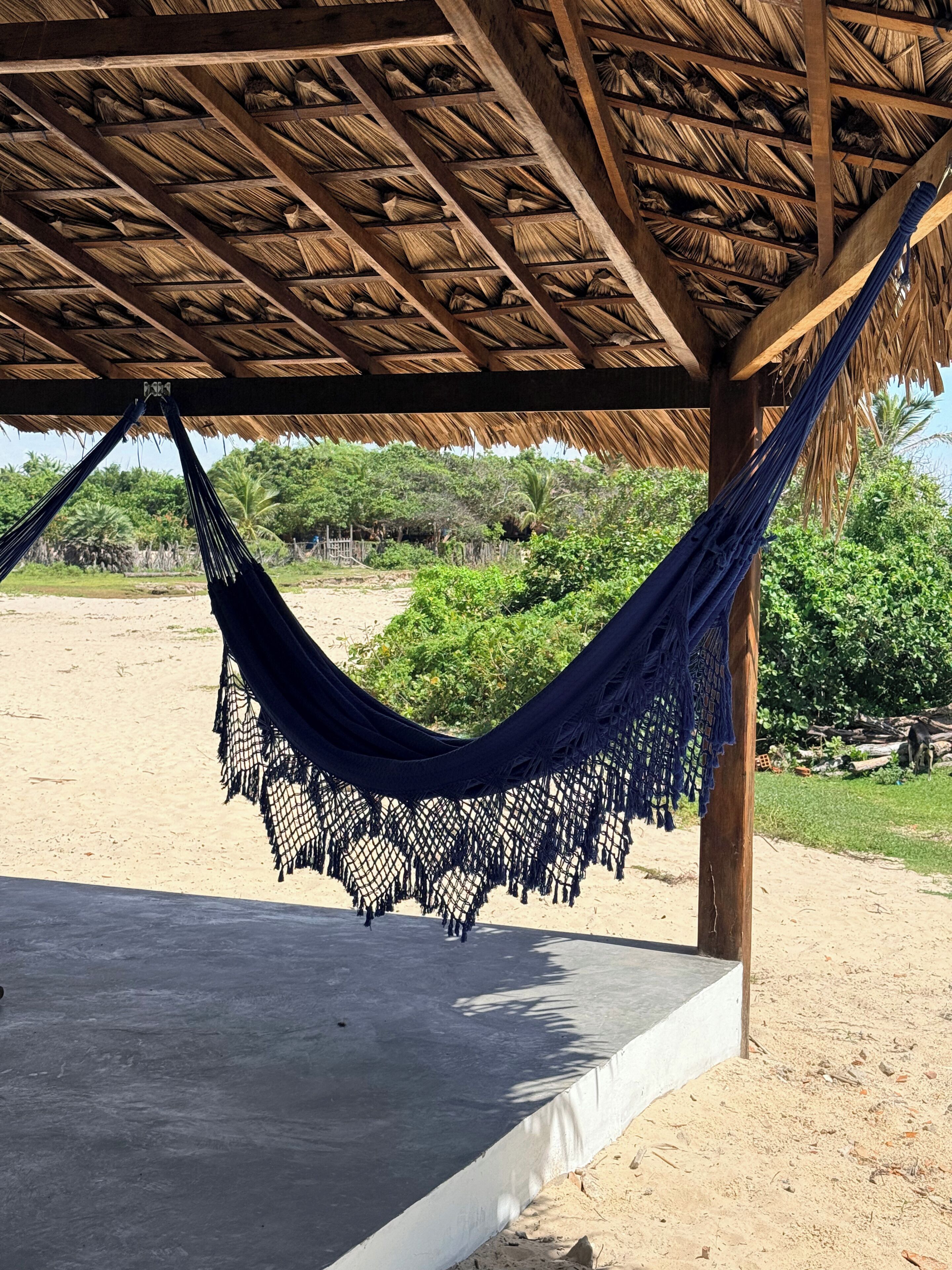 A hammock under a thatched roof structure, a concrete platform, and a sandy beach with greenery in the background.