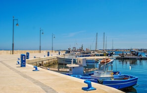 A marina with boats docked, a paved walkway, and street lamps.