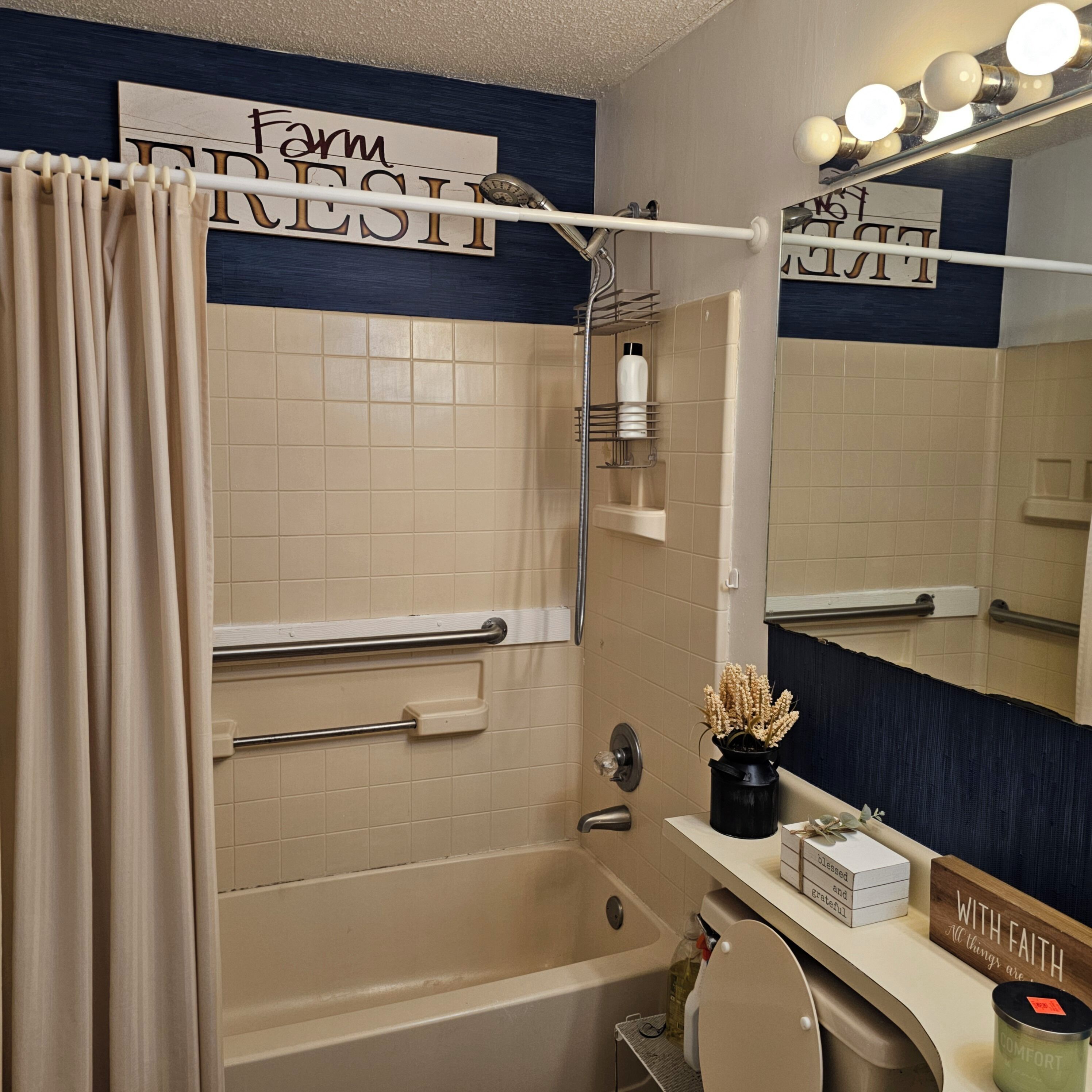Hair dryer, towels, soap, toilet paper