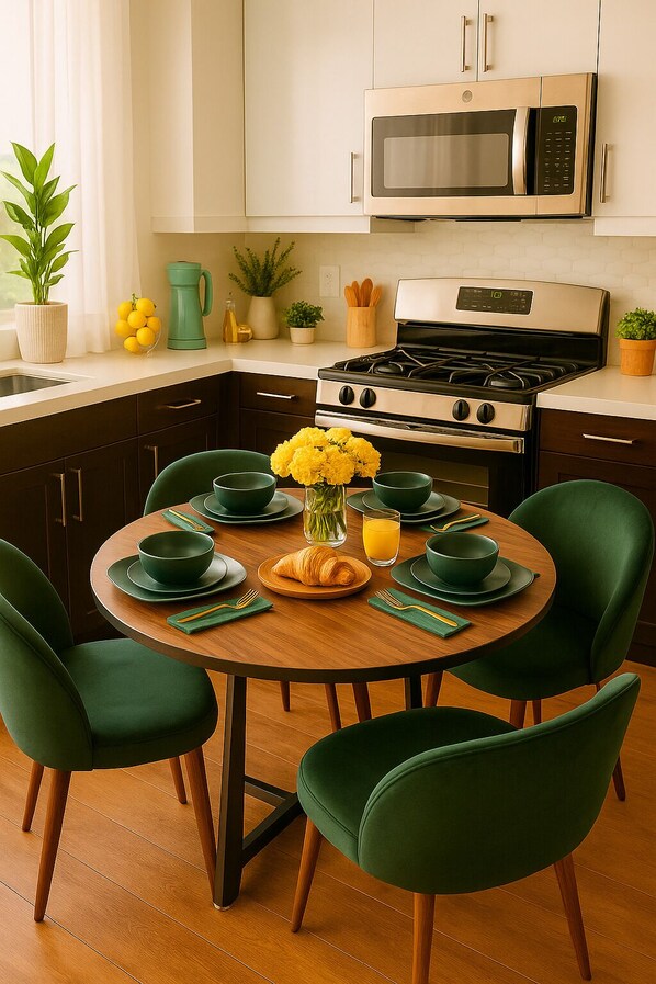 A modern kitchen with a round wooden table, green chairs, and a breakfast setting.