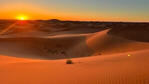 A desert landscape with sand dunes during sunset. - Charming Berber camp in Mhamid Desert  (Zagora)