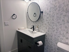 Douche, sĂšche-cheveux, savon, papier toilette