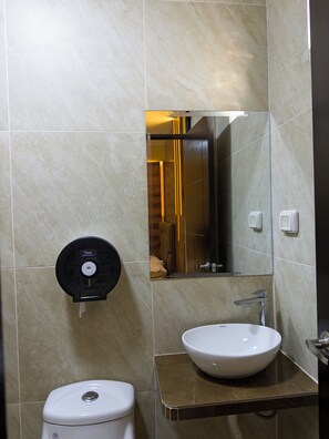 Shower, towels, soap, toilet paper