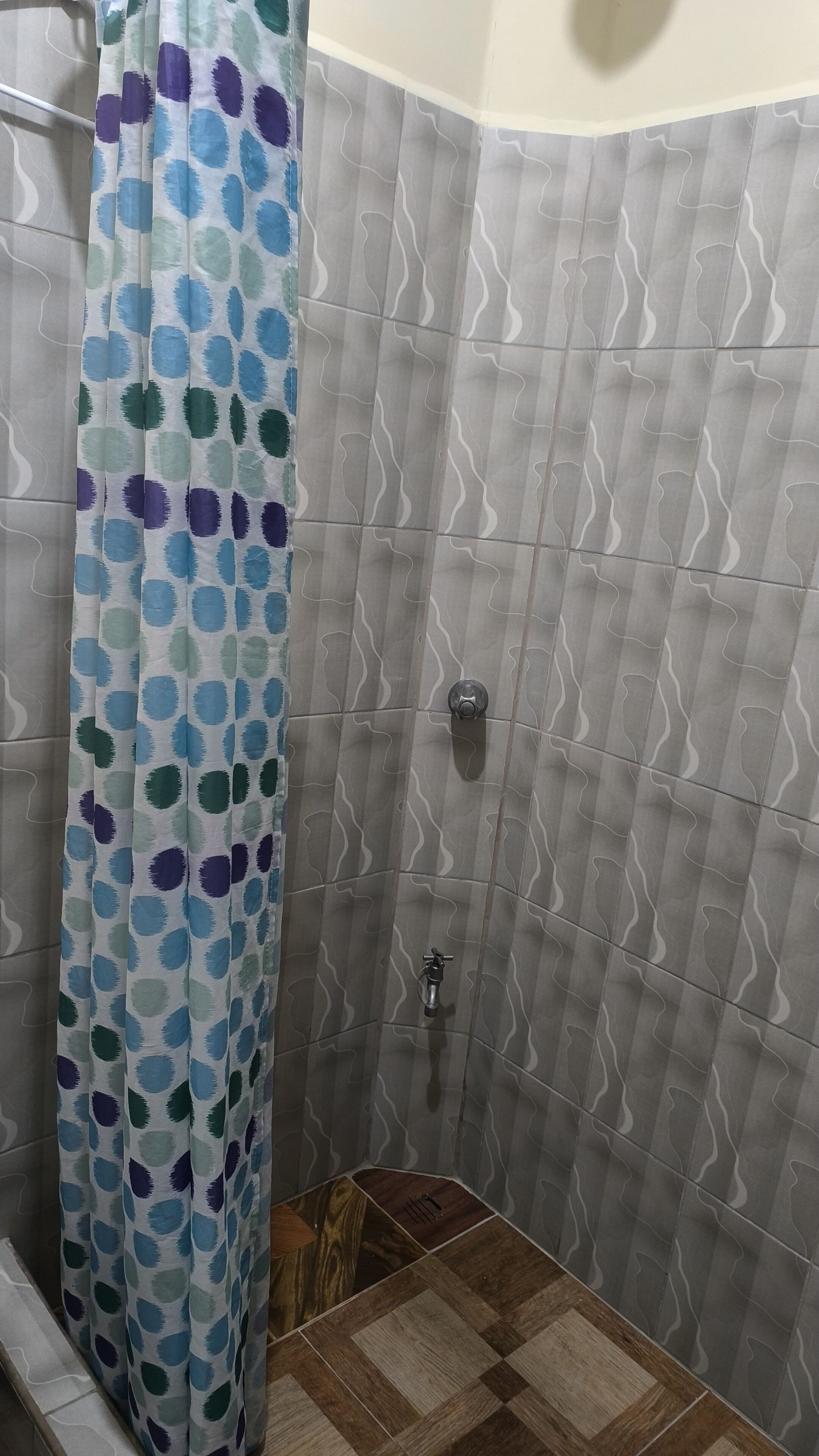 Een douche, handdoeken, zeep, toiletpapier