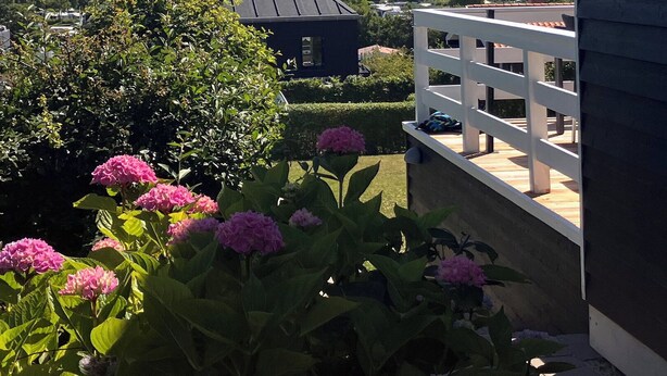 Un balcón residencial con barandilla blanca, una casa oscura al fondo y flores rosadas al frente.