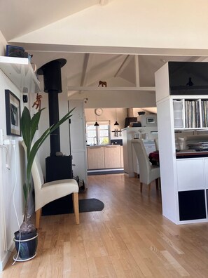 Un espace de vie moderne comprenant une cuisine, un coin repas et une grande plante en pot.