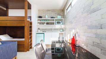 Fridge, microwave, stovetop, coffee/tea maker