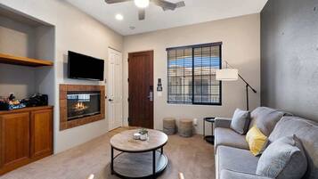 Télévision, cheminée, espaces bureaux