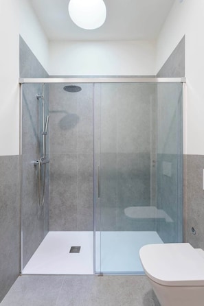 Shower, hair dryer, towels, shampoo