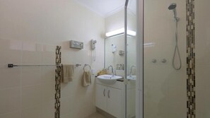Shower, free toiletries, hair dryer, towels