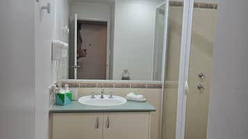 Hair dryer, towels, soap, toilet paper