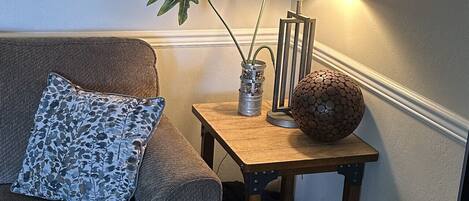 Smart TV, fireplace, DVD player, books