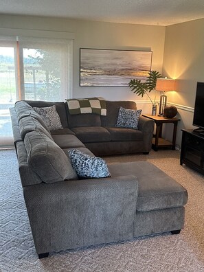 Smart TV, fireplace, DVD player, books