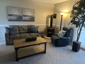 Smart TV, fireplace, DVD player, books