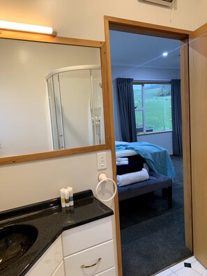 Hair dryer, towels, soap, toilet paper