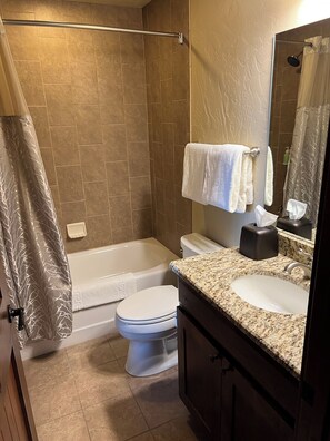 Hair dryer, towels, soap, toilet paper