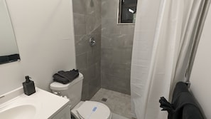 Chuveiro, secador de cabelo, toalhas de banho, sabonete