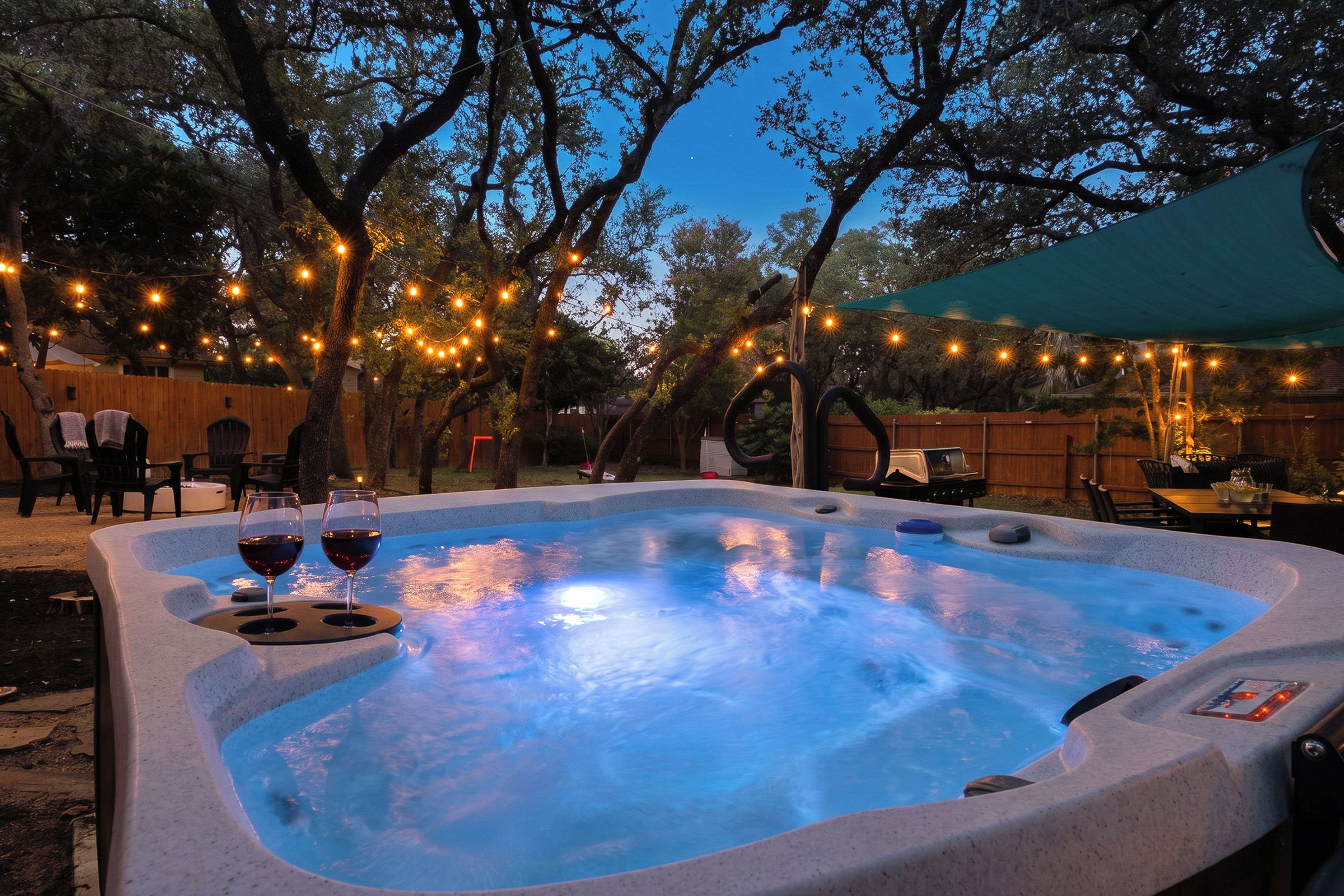 A hot tub with two glasses of red wine, surrounded by trees and string lights.