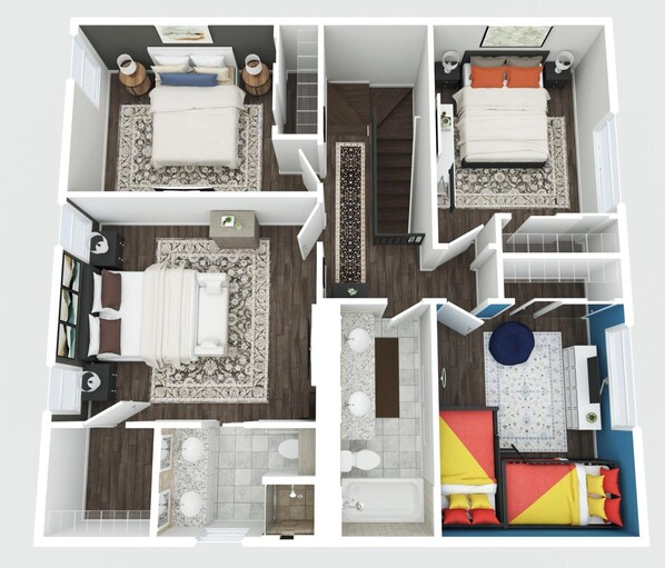 A hotel room layout with a bed, bedside table, and a bathroom with a bathtub and toilet.
